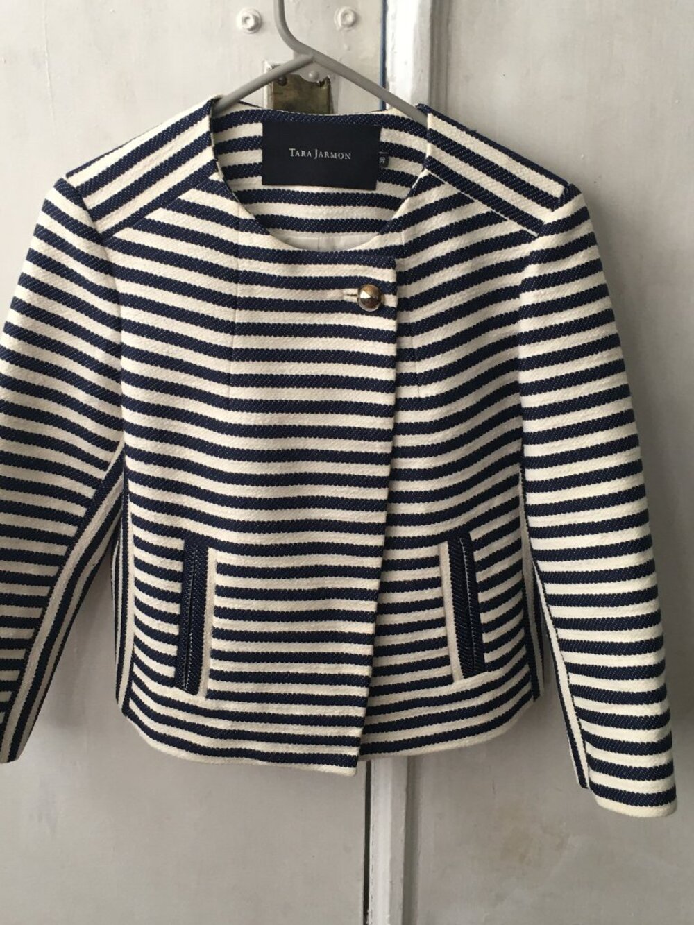 Tara Jarmon Womens Dressy Jacket White/Blue Stripe Poly/Ctn 3/4 Sleeve Sz 38,EUC
